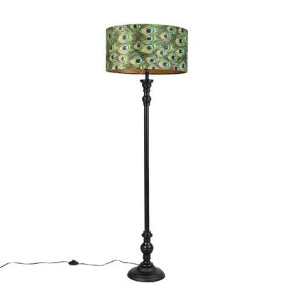 QAZQA Vloerlamp zwart met velours kap pauw goud 50 cm - Classico