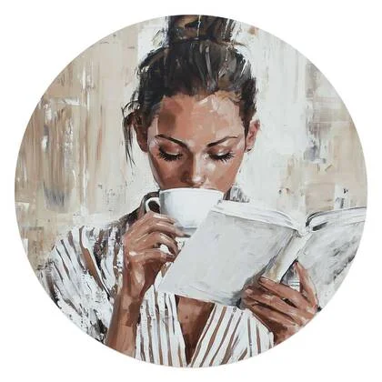 Reinders - Ochtendkoffie met een Boek I - Glasschilderij Ø 70 cm - Beige