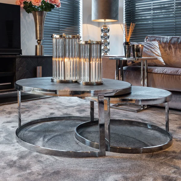 Richmond Salontafel Blackbone Eikenhout en Staal - Zwart en Zilver set van 2 stuks - Rond