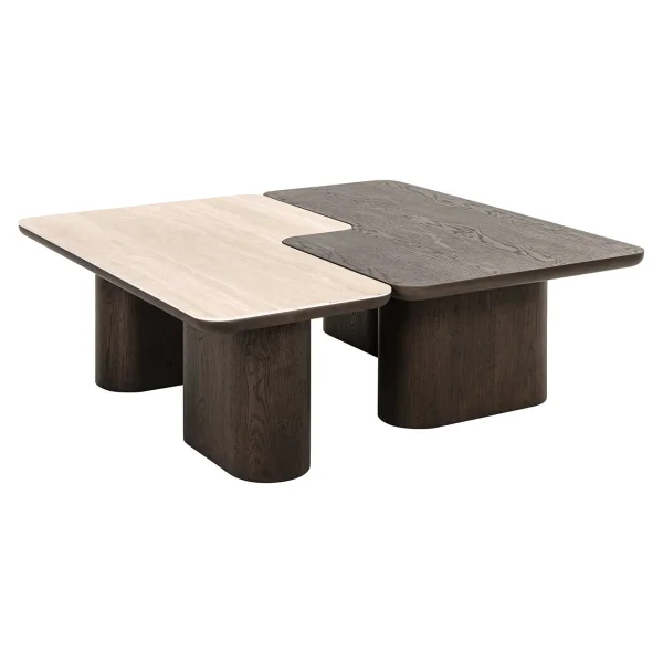 Richmond Salontafel Nando Travertinlook en eiken, Set van 2 stuks - Bruin - Vierkant