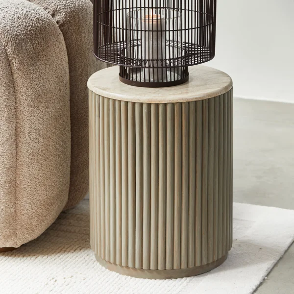 Rivièra Maison Ronde Bijzettafel Villanova Travertin en mangohout, 42cm - Bruin