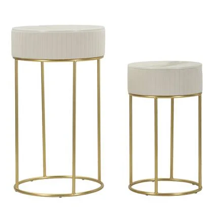 Ronde hoge tafels set van 2 in crèmekleurig fluweel cm ø 50x90-40x70