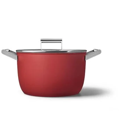 Smeg Kookpan 26cm - anti aanbaklaag - mat Rood - met deksel