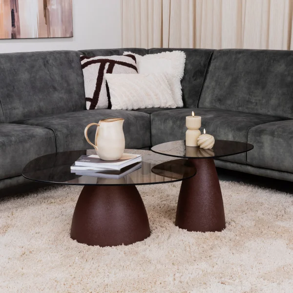 Sohome Organische Salontafel Jacky Glas en gecoat staal, Set van 2 stuks - Burgundy