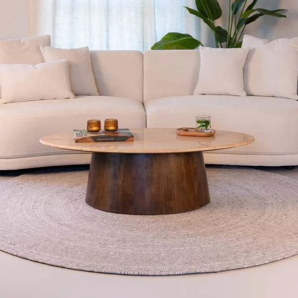 Sohome Ovale Salontafel Bailey Mangohout en Travertin, 120 x 65cm - Bruin - Ovaal - Japandi