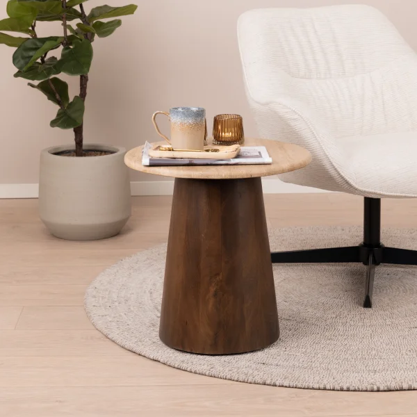Sohome Ronde Bijzettafel Bailey Mangohout en Travertin, 44cm - Bruin