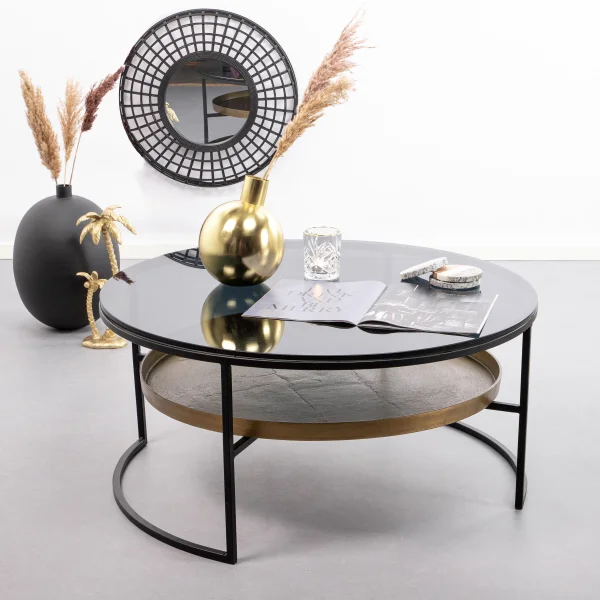 Sohome Ronde Salontafel Alejandro 88cm, zwart glas met antiek brons