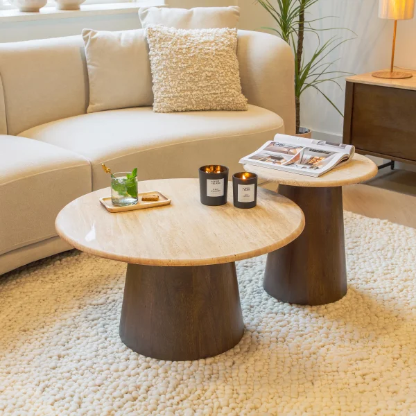 Sohome Ronde Salontafel Bailey Set van 2 stuks, Mangohout en Travertin - Bruin