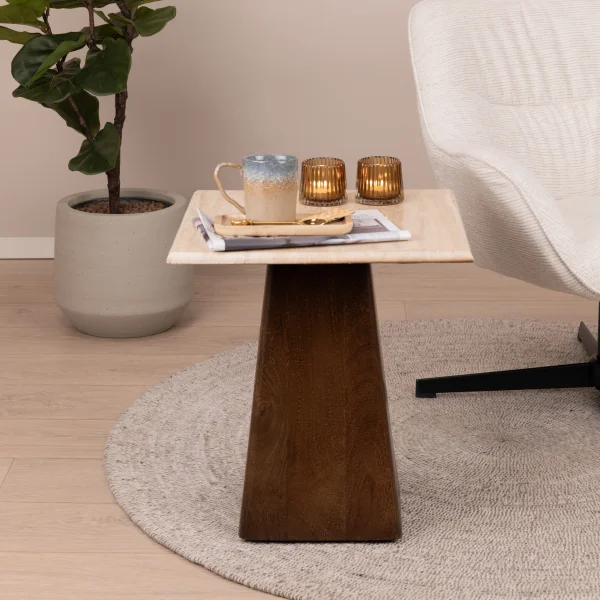 Sohome Vierkante Bijzettafel Bailey Mangohout en Travertin, 45 x 45cm - Bruin