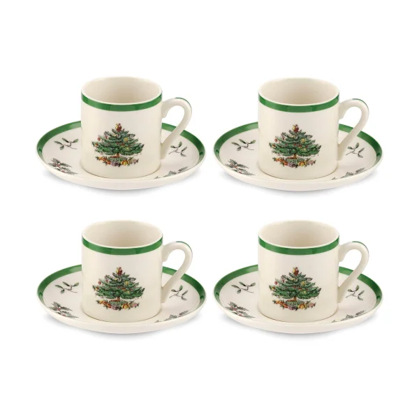 Spode Christmas Tree espressokopje en schotel 9 cl 4-pack White-green-red