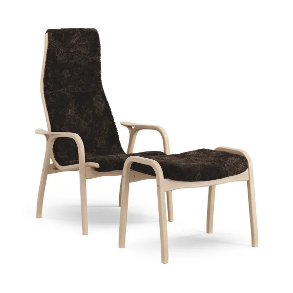 Swedese Lamino fauteuil en voetenbankje gelakt beuken/schapenvacht Espresso (bruin)