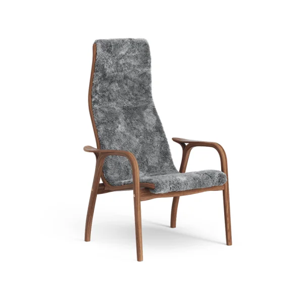 Swedese Lamino Fauteuil schapenvacht scandinavian grey, gelakt walnoothout