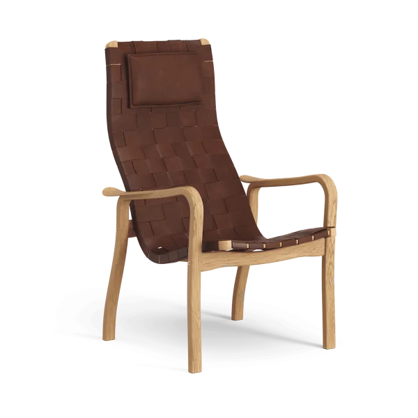 Swedese Primo fauteuil hoog met nekkussen geolied eikenhout Leren banden bruinrood