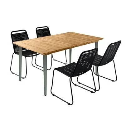 sweeek - Houten en metalen tuintafel + 4 stapelbare touwstoelen