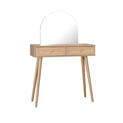 sweeek - Kaptafel met ronde spiegel en 2 lades met vlechtwerk