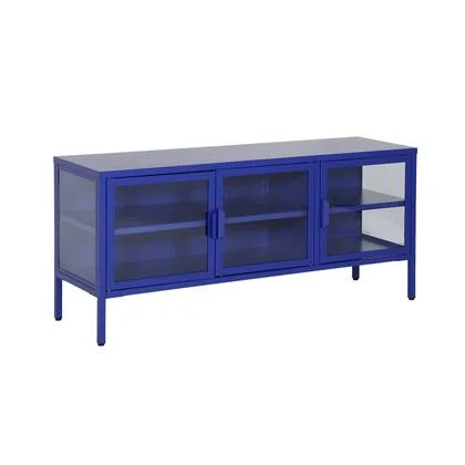 sweeek - TV-meubel vitrine gehard glas en staal 3 deuren industrieel