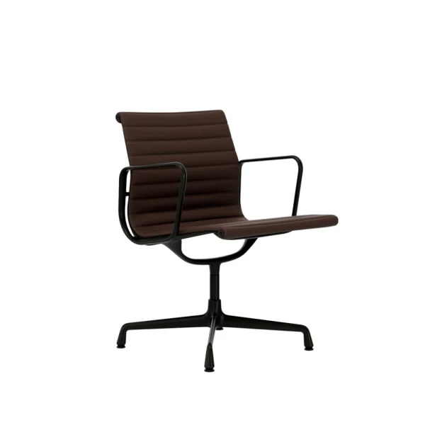 Vitra Aluminium Chair EA 108 - diepzwart - Leder - kastanje - Glijders voor harde vloer