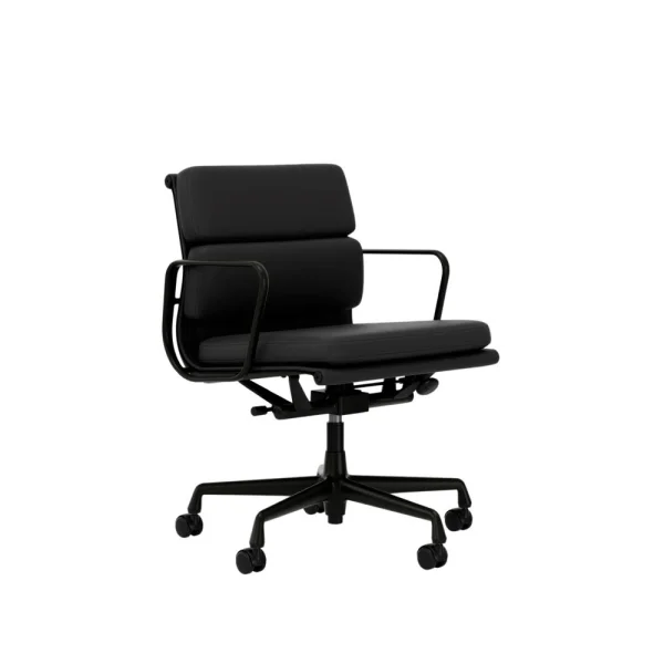 Vitra Aluminium Chair - Soft Pad - EA 217 - diepzwart - Leder Premium F/Plano - asfalt/donkergrijs - Wieltjes voor harde bodems