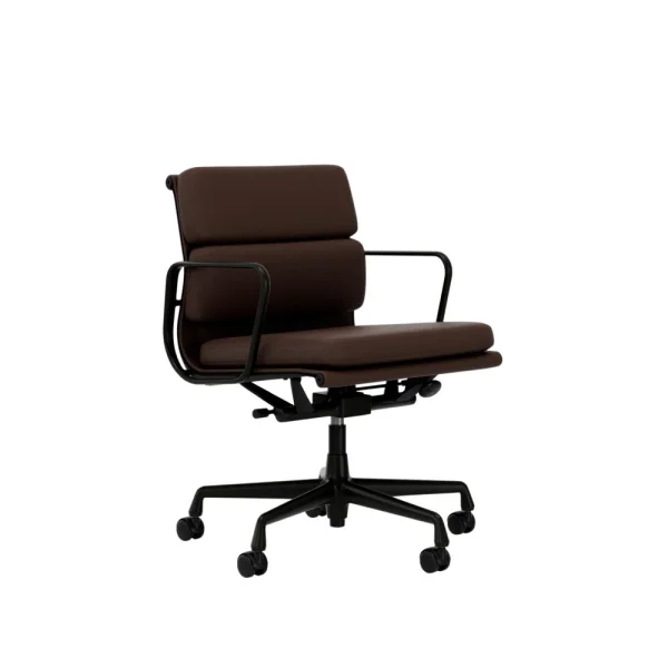 Vitra Aluminium Chair - Soft Pad - EA 217 - diepzwart - Leder Premium F/Plano - kastanje/bruin - Wieltjes voor harde bodems