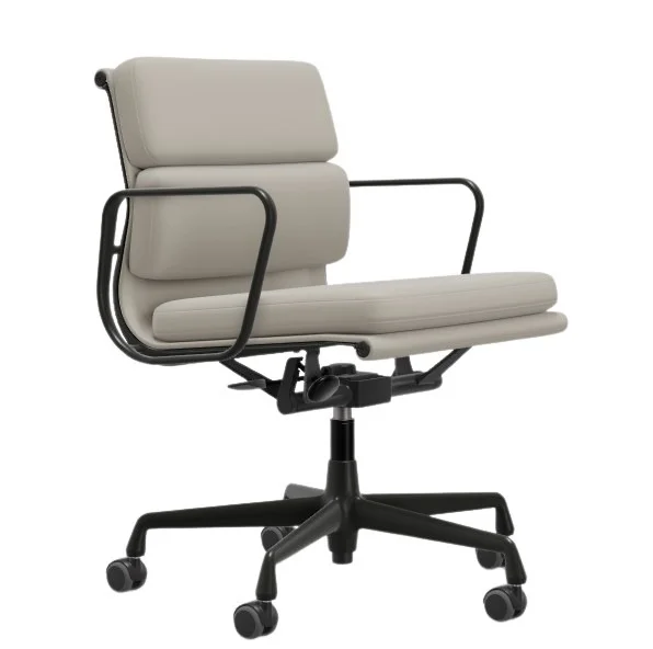 Vitra Aluminium Chair - Soft Pad - EA 217 - diepzwart - Leder Premium F/Plano - klei/perkament-creme wit - Wieltjes voor harde bodems