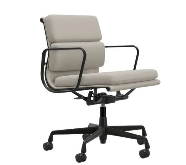 Vitra Aluminium Chair - Soft Pad - EA 217 - diepzwart - Leder Premium F/Plano - klei/perkament-creme wit - Wieltjes voor tapijt