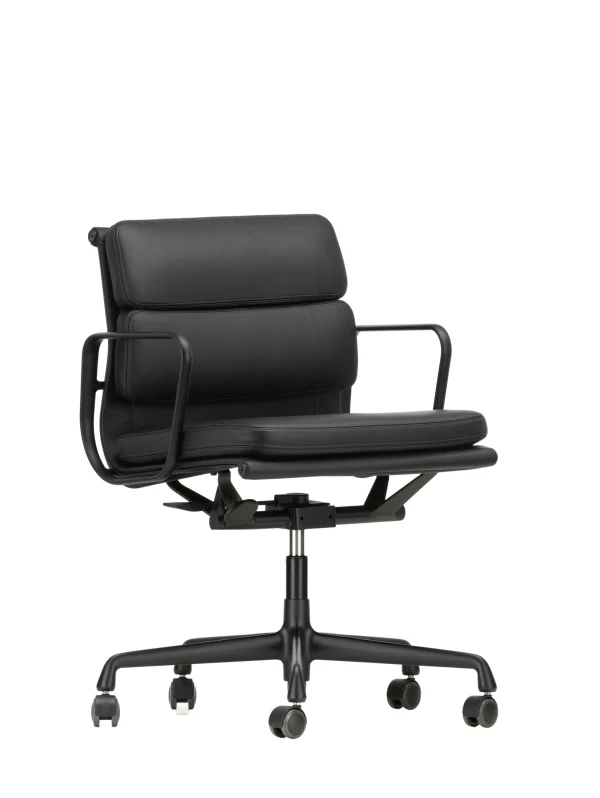 Vitra Aluminium Chair - Soft Pad - EA 217 - diepzwart - Leder Premium F/Plano - nero/nero - Wieltjes voor harde bodems