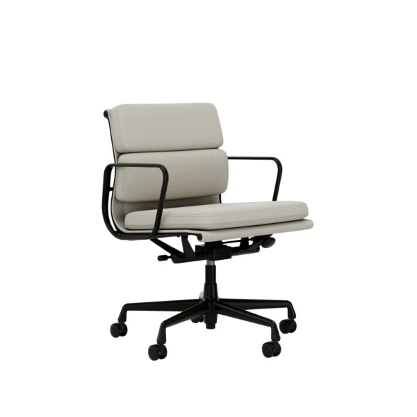 Vitra Aluminium Chair - Soft Pad - EA 217 - diepzwart - Leder Premium F/Plano - snow/wit - Wieltjes voor harde bodems