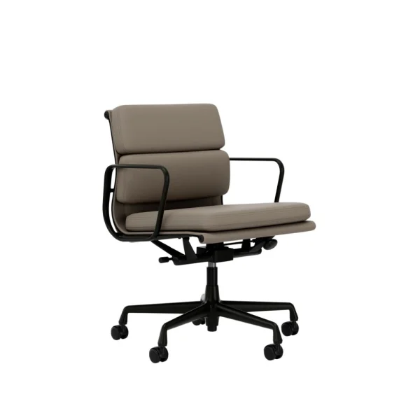 Vitra Aluminium Chair - Soft Pad - EA 217 - diepzwart - Leder Premium F/Plano - zand/coffee - Wieltjes voor harde bodems