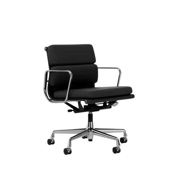 Vitra Aluminium Chair - Soft Pad - EA 217 - gepolijst - Leder Premium F/Plano - asfalt/donkergrijs - Wieltjes voor harde bodems