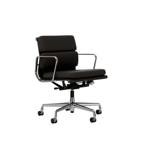 Vitra Aluminium Chair - Soft Pad - EA 217 - gepolijst - Leder Premium F/Plano - chocolade/bruin - Wieltjes voor harde bodems