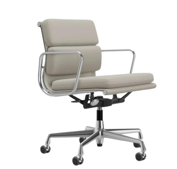 Vitra Aluminium Chair - Soft Pad - EA 217 - gepolijst - Leder Premium F/Plano - klei/perkament-creme wit - Wieltjes voor harde bodems