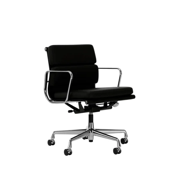 Vitra Aluminium Chair - Soft Pad - EA 217 - gepolijst - Leder Premium F/Plano - nero/nero - Wieltjes voor harde bodems