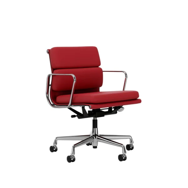 Vitra Aluminium Chair - Soft Pad - EA 217 - verchroomd - Leder Premium F/Plano - red stone/rood-cognac - Wieltjes voor harde bodems