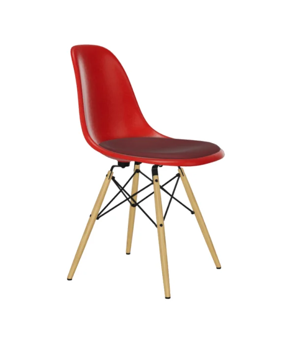 Vitra Eames Fiberglass Side Chair DSW met zitbekleding - Classic Red - gelige esdoorn - Hopsak - rood/moorbruin