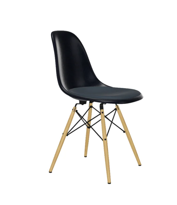 Vitra Eames Fiberglass Side Chair DSW met zitbekleding - Navy Blue - gelige esdoorn - Hopsak - zeeblauw/donkergrijs