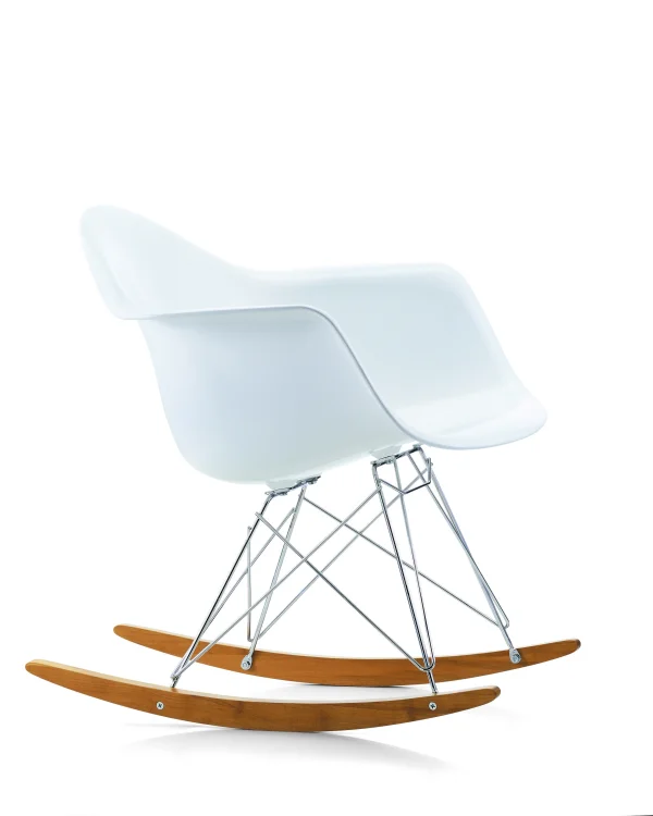 Vitra Eames Plastic Armchair RAR met volledige bekleding - diepzwart RE - verchroomd - Hopsak - rood/cognac - Leer zwart - Esdoorn donker