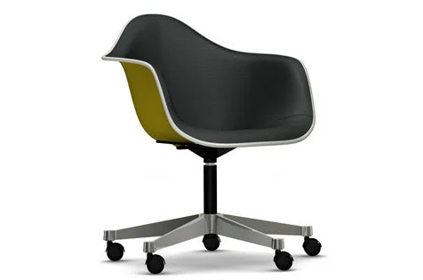 Vitra Eames Plastic fauteuil PACC met volledige stoffering - mosterd - Hopsak - donkergrijs - Leer wit