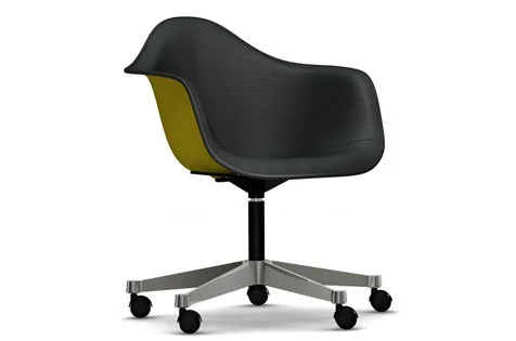 Vitra Eames Plastic fauteuil PACC met volledige stoffering - mosterd - Hopsak - donkergrijs - Leer zwart