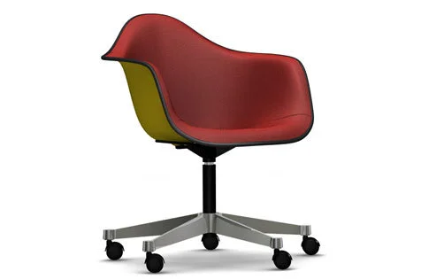 Vitra Eames Plastic fauteuil PACC met volledige stoffering - mosterd - Hopsak - rood/cognac - Leer zwart