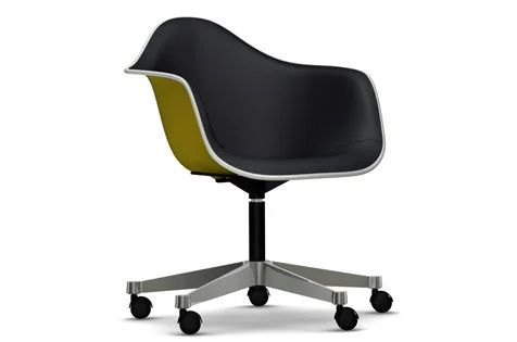 Vitra Eames Plastic fauteuil PACC met volledige stoffering - mosterd - Hopsak - zwart - Leer wit