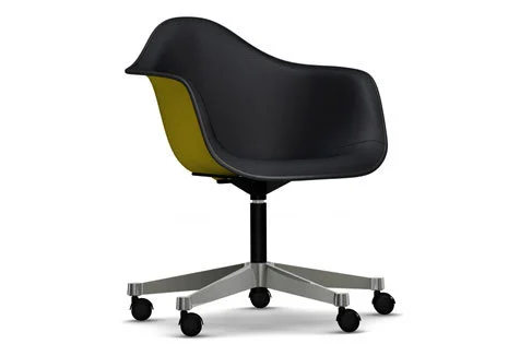 Vitra Eames Plastic fauteuil PACC met volledige stoffering - mosterd - Hopsak - zwart - Leer zwart