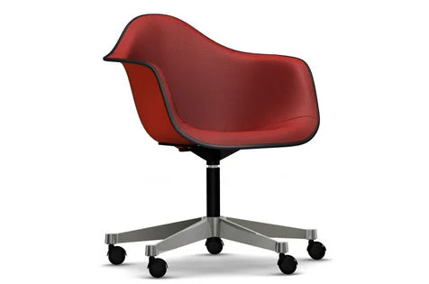 Vitra Eames Plastic fauteuil PACC met volledige stoffering - poppy red - Hopsak - rood/cognac - Leer zwart