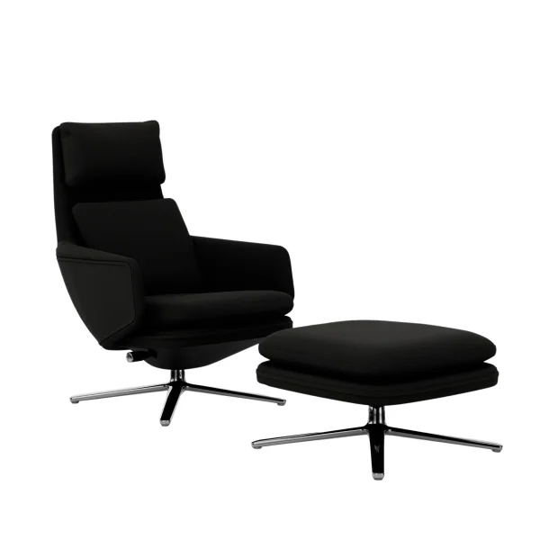 Vitra Grand Relax met Ottoman - Leder Forte nero / Cosy merino zwart - gepolijst aluminium