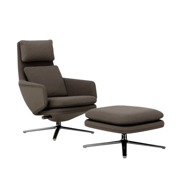 Vitra Grand Relax met Ottoman - Leder Forte sand / Cosy fossil - gepolijst aluminium