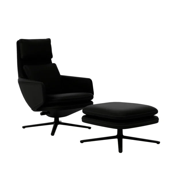 Vitra Grand Relax met Ottoman - Leer zwart - basic dark gepoedercoat