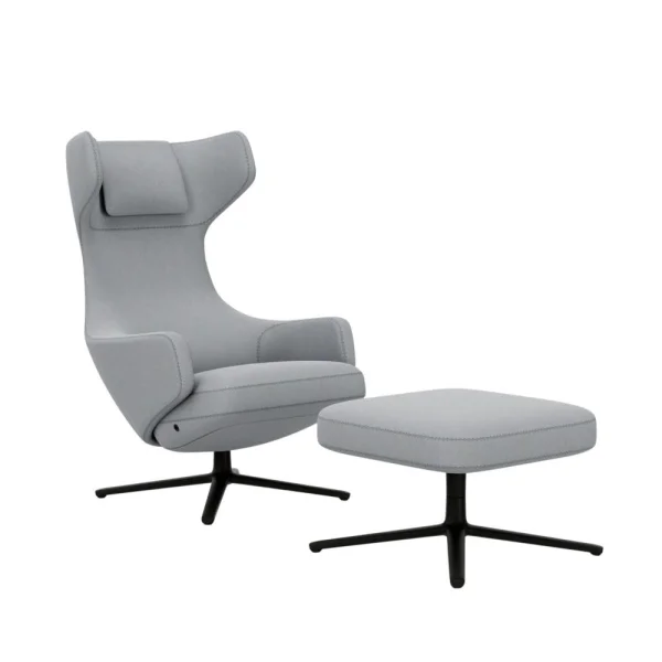 Vitra Grand Repos Fauteuil & Ottoman - basic dark gepoedercoat - Cosy2 kruissteek 12 lichtblauw - Zithoogte 40 cm