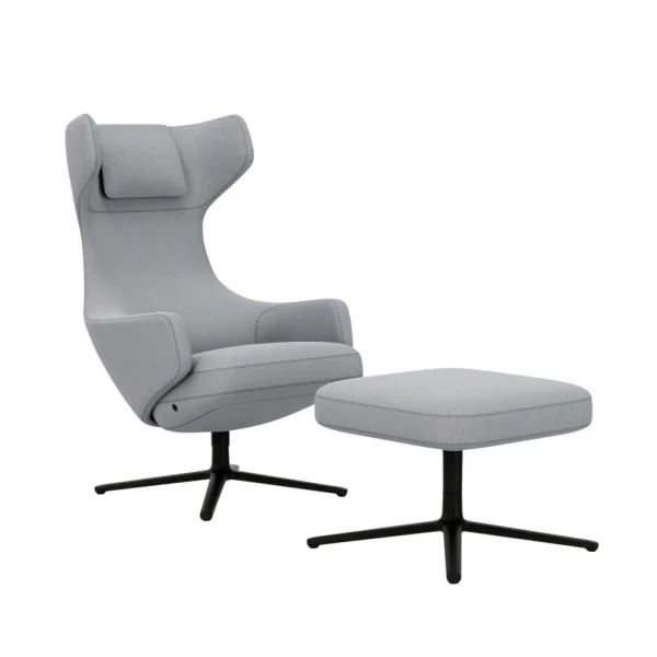 Vitra Grand Repos Fauteuil & Ottoman - basic dark gepoedercoat - Cosy2 kruissteek 12 lichtblauw - Zithoogte 45 cm