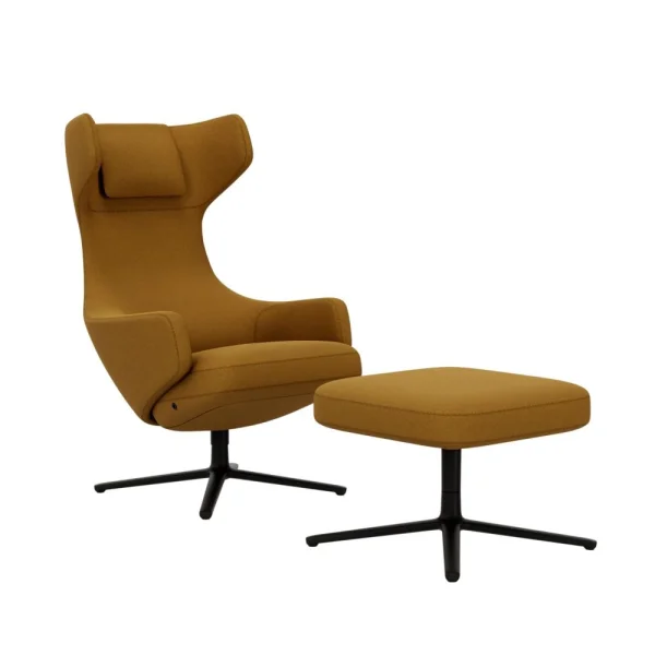 Vitra Grand Repos Fauteuil & Ottoman - basic dark gepoedercoat - Cosy2 kruissteek 14 raapgeel - Zithoogte 45 cm