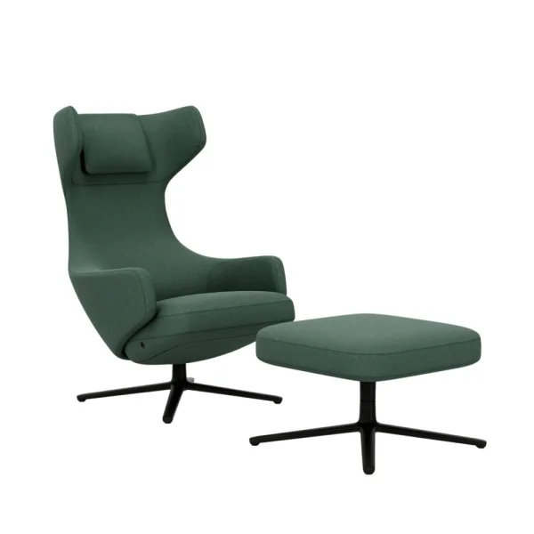 Vitra Grand Repos Fauteuil & Ottoman - basic dark gepoedercoat - Cosy2 kruissteek 17 riet groen - Zithoogte 40 cm