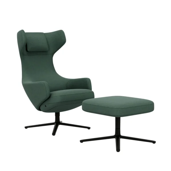 Vitra Grand Repos Fauteuil & Ottoman - basic dark gepoedercoat - Cosy2 kruissteek 17 riet groen - Zithoogte 45 cm